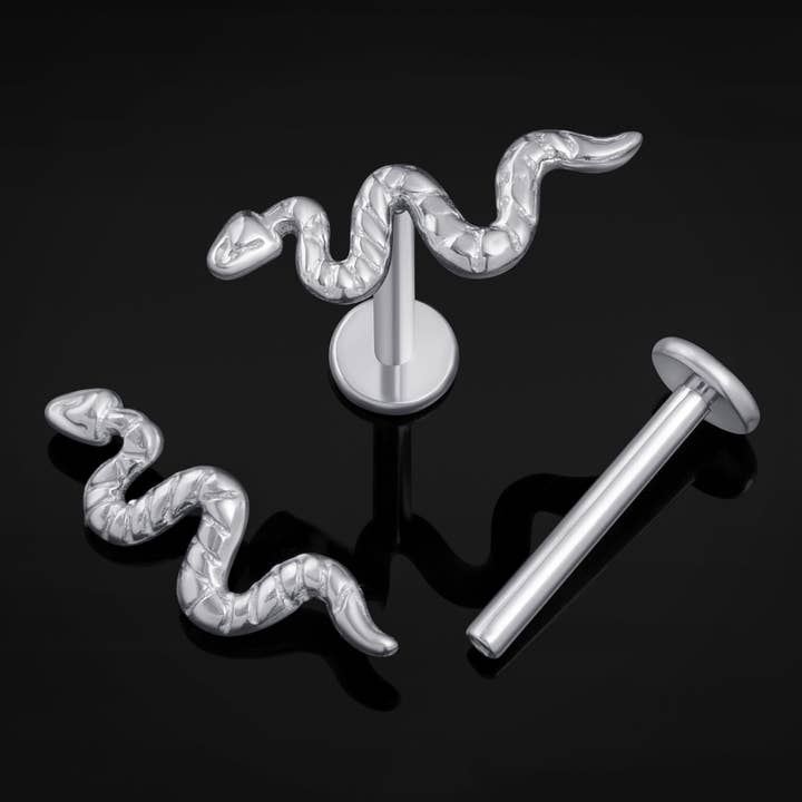 Labret en titane fileté en interne avec serpent argenté, calibre 1,2 mm pour la vente par Custom Plugs