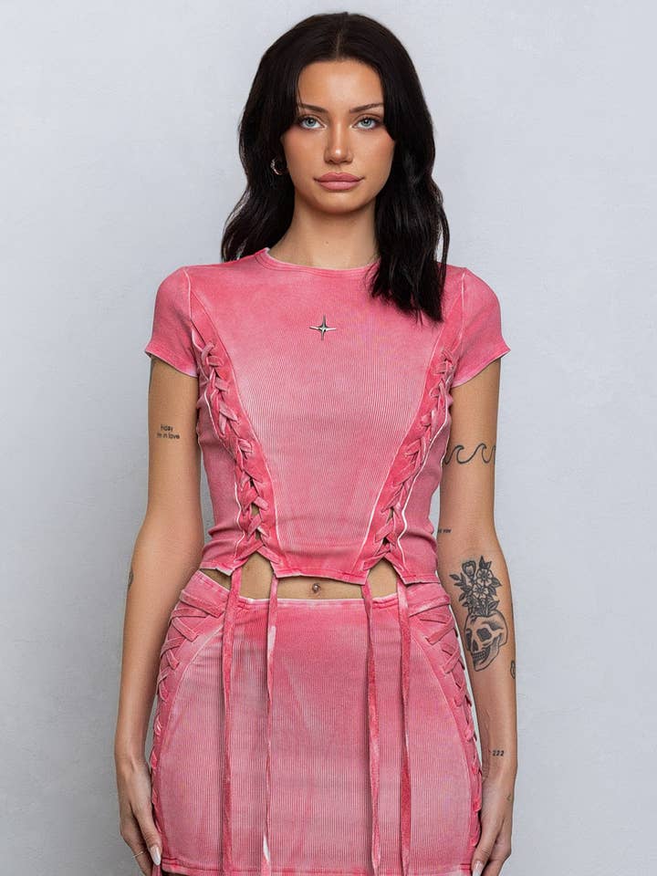 Washed effect ribbed top w/lace up string details for wholesale by No Vacancy