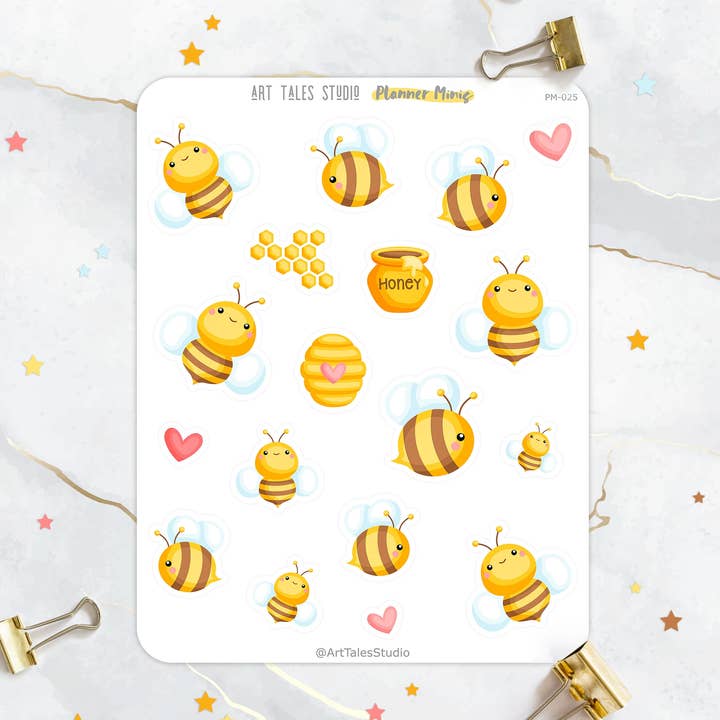 Bee Sticker Sheet, Planner Stickers, Scrapbook, Stationary, Bujo, Journal Stickers, Spring Stickers, Bumble Bee, Kawaii Planner Stickers for wholesale by Art Tales Studio