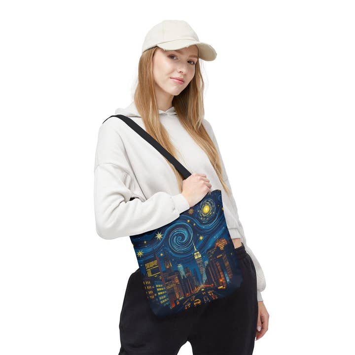 Bolso de mano con diseño de horizonte de la ciudad de Nueva York inspirado en "La noche estrellada" al estilo de Van Gogh. para venta al por mayor de LadyKCreations1