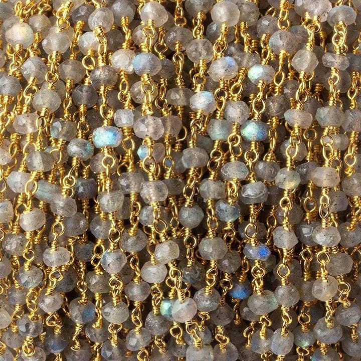 Beads of Cambay - Wholesale Beads - 4mm Labradorite faceted rondelle Gold Plated Chain 36 pieces