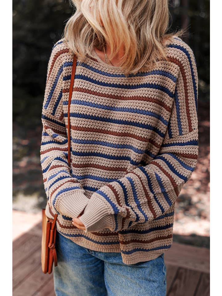 Multicolour LDC Striped Knitted Drop Shoulder Crew Neck Sweater for wholesale on Faire