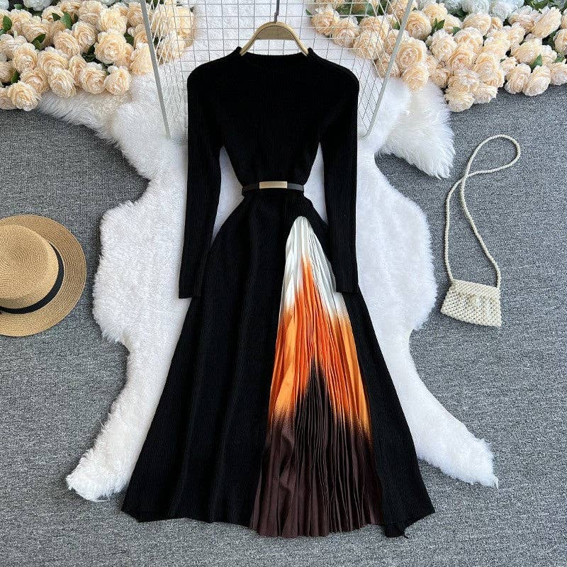 UZ Wholesale Store - Wholesale Dress - Women's - Gradient Color Block Knit Midi Sweater Dress1