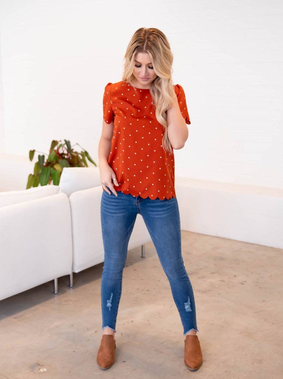 Tickled Teal - Wholesale Blouse - Women's - Polka Dot Scallop Edge Dotty Top10