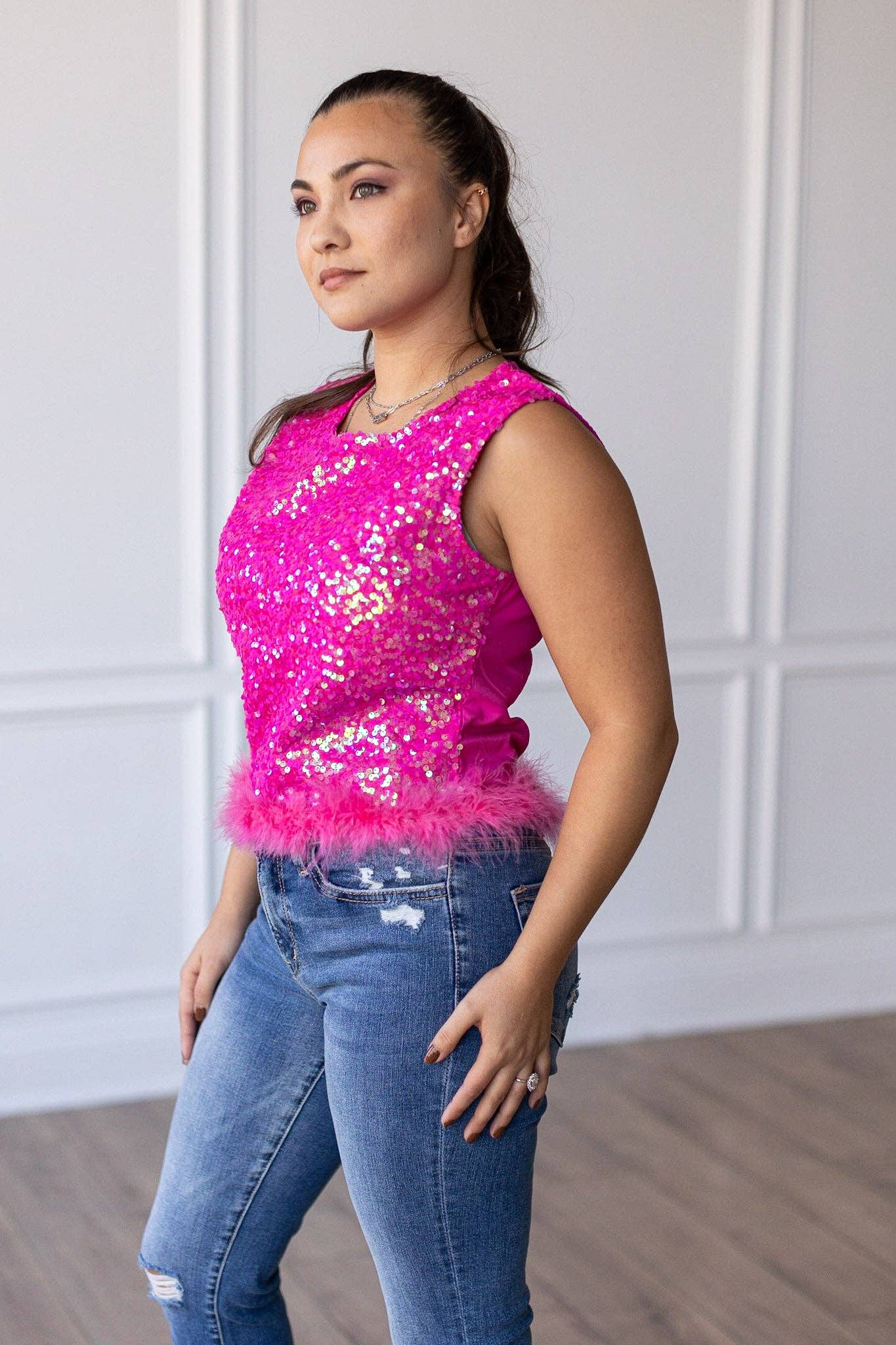 Feather or Not Sequin Crop with Feather Trim, Hot Pink for wholesale on Faire1