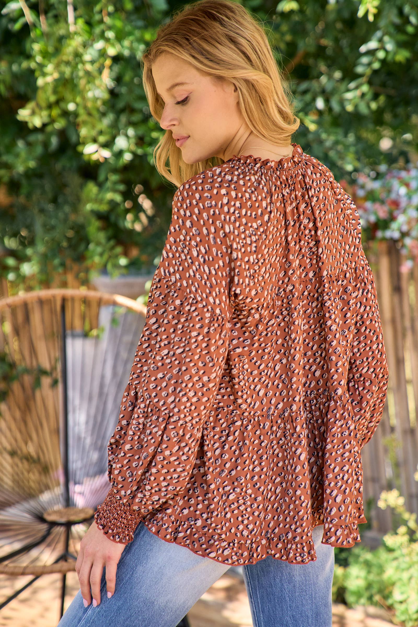 Brown Long sleeve baby doll blouse-IT9367 for wholesale on Faire6