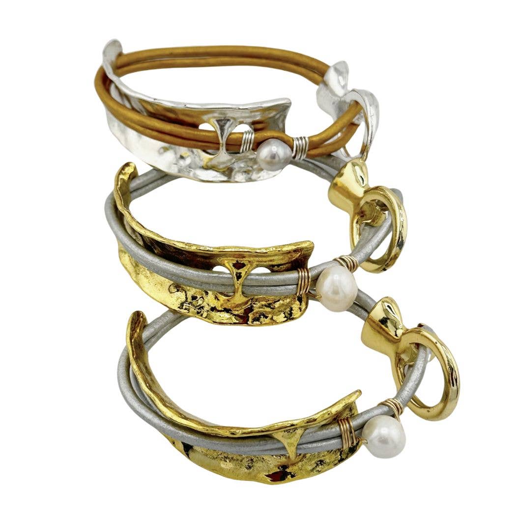 Beauty In Stone Jewelry - Wholesale Bangle Bracelet - Curved Cuff Bracelet With Leather & Pearl 8