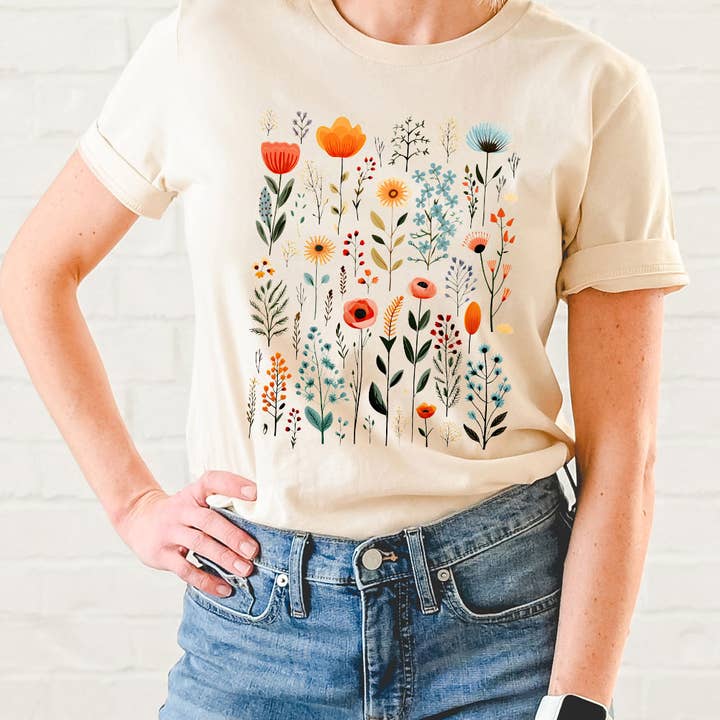 Bright Spring Flower Field Basic Graphic Tee for wholesale by Kissed Apparel