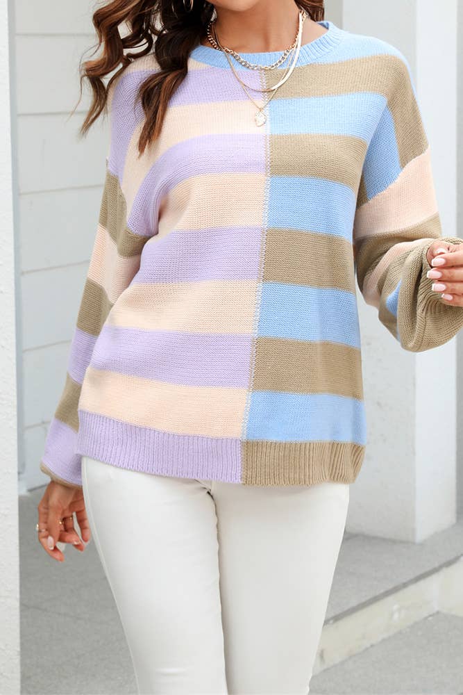 UNISHE - Wholesale Knit Sweater - Women's - Color Block Striped Knit Pullover Sweaters JYYS1528