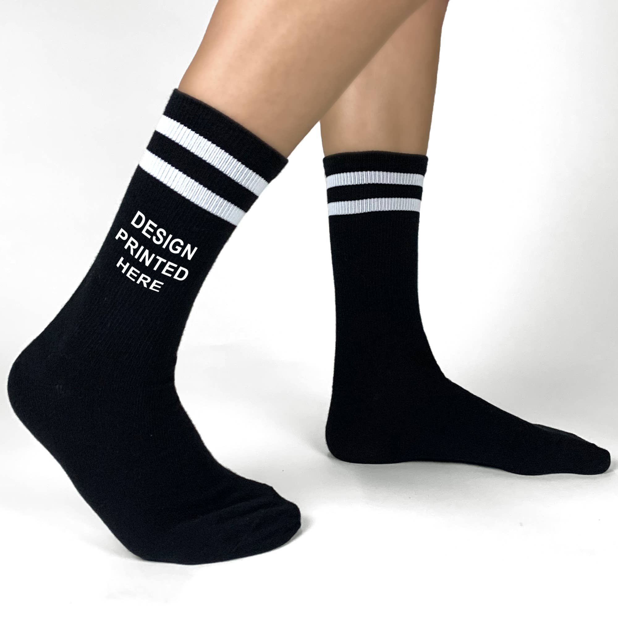 Sockprints - Wholesale Socks - Unisex - Custom Printed Black White/Stripe Ribbed Crew Socks