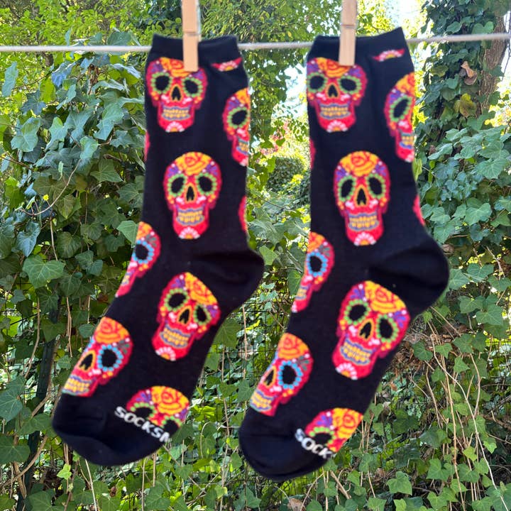 Women's Socks - Black with Red Skulls for wholesale by Mexican Sugar Skull