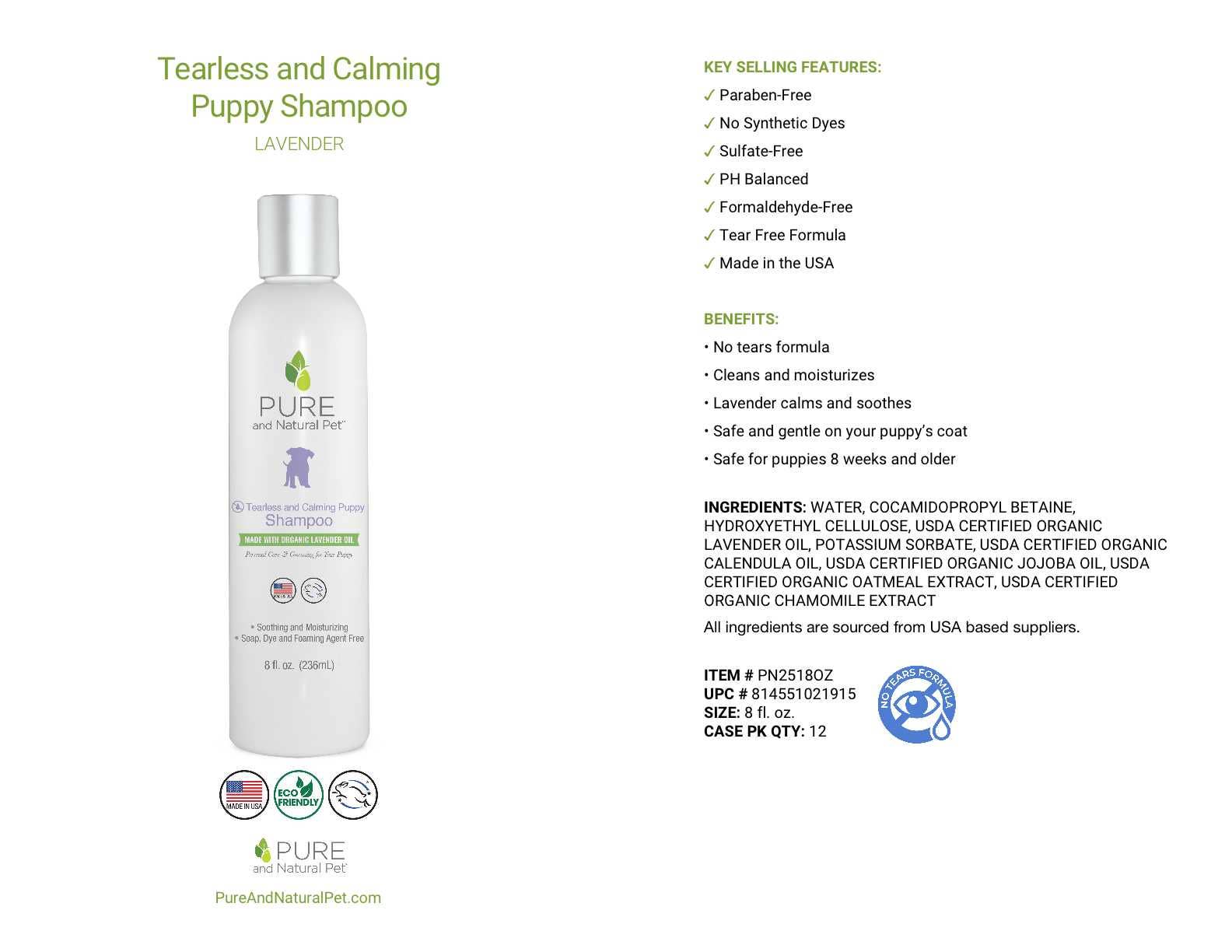 Pure and Natural Pet - Vendita all'ingrosso Shampoo - Cani - Shampoo naturale per cuccioli senza lacrime e calmante (cani)1