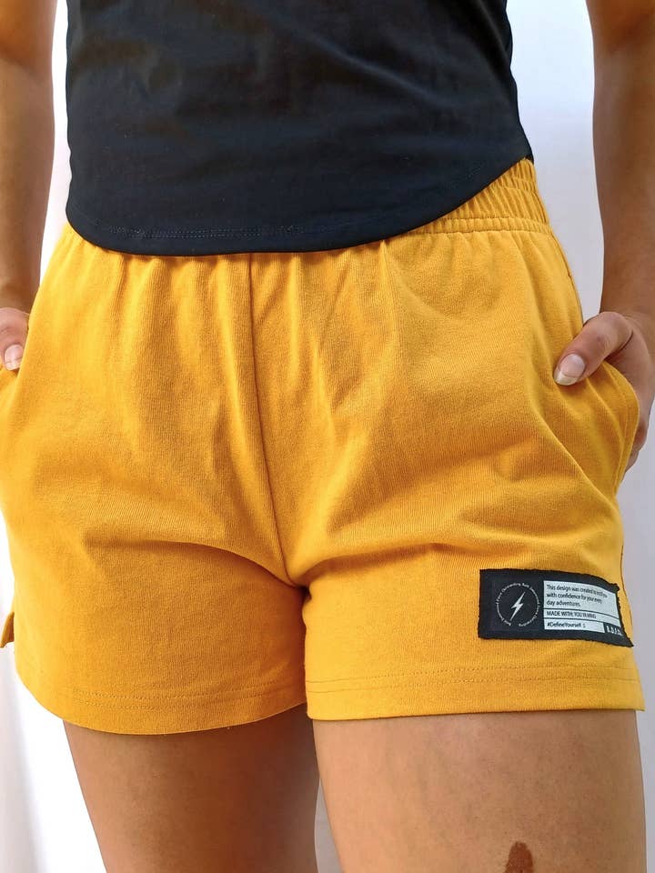 Yellow Casual Loose Soft Elastic Waist Band Cotton Summer Shorts with Patch Detail and Pockets Premium Cotton for wholesale by B.D.F.O. Lifestyle