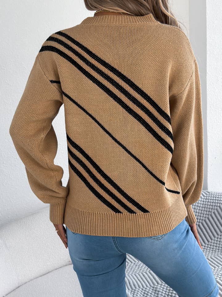 Comely Fashion - Wholesale Knitted jumper – Women′s - Autumn Winter Diagonal Stripe Crewneck Pullover Sweater9
