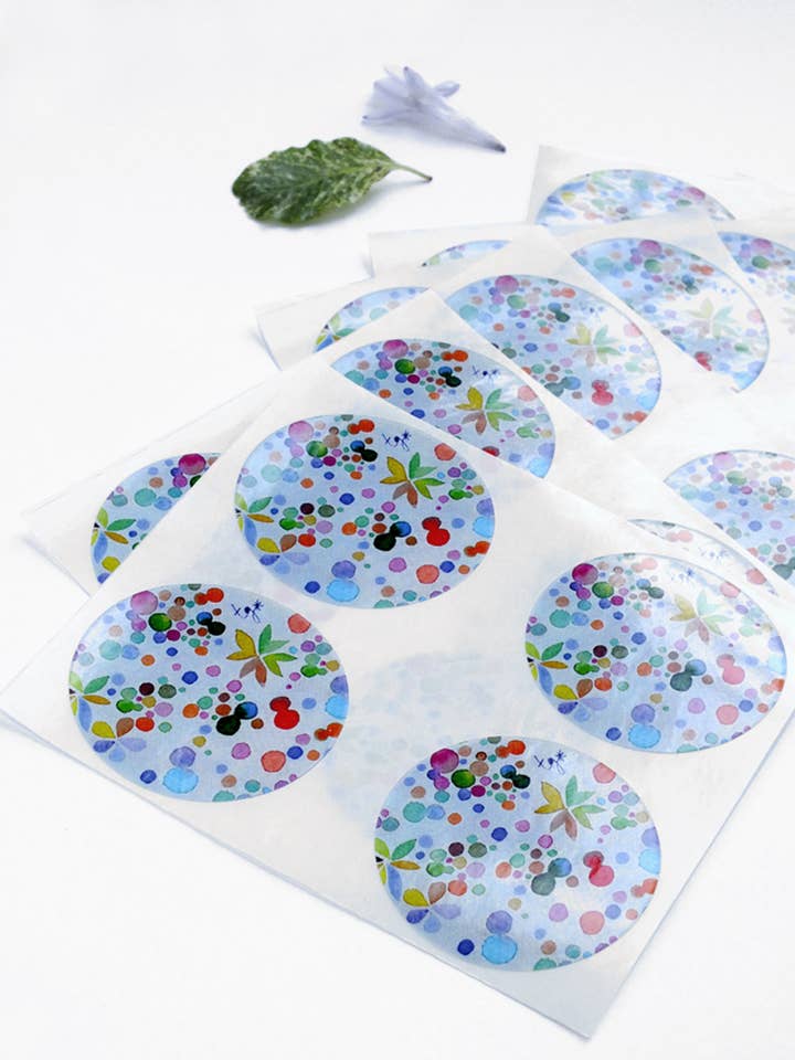 SET DE 12 ETIQUETTES AUTOCOLLANTES POIS MULTICOLORES pour la vente par Thévy Guex