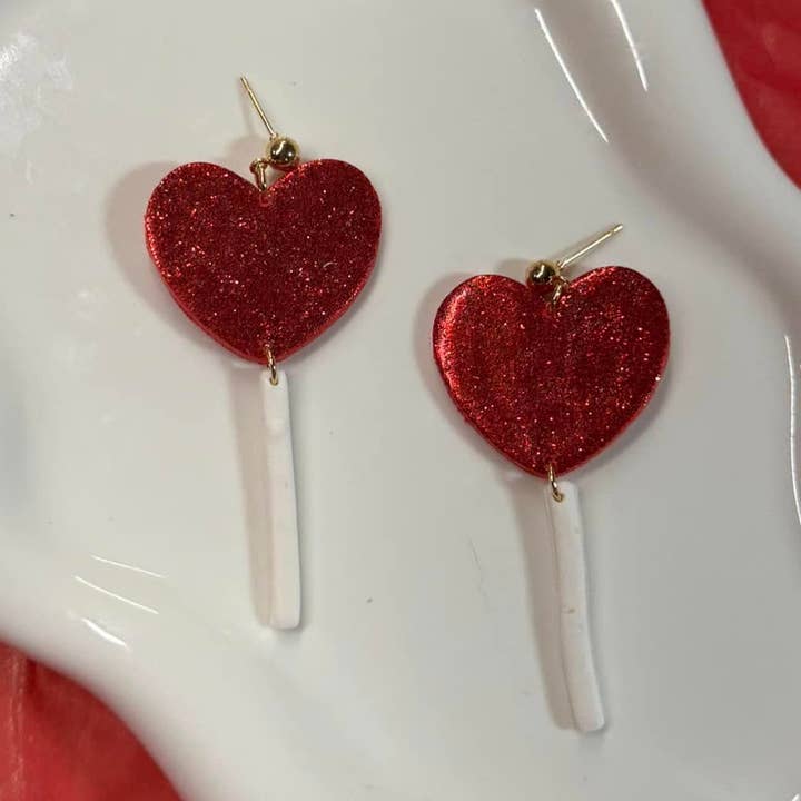Watch Me Bloom – wholesale Dangle earrings – Red Glitter Heart Lollipops | Polymer Clay Earrings0