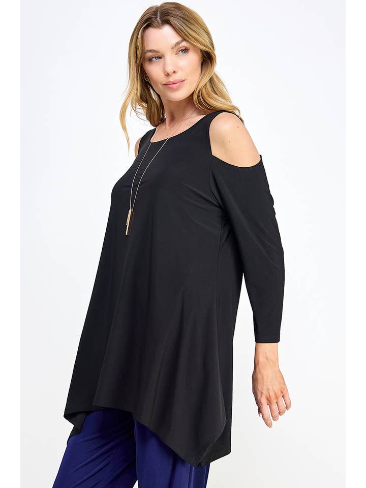 Jostar - Wholesale Tunic - Women's - Black cold shoulder sharkbite top-393HT-QRS1