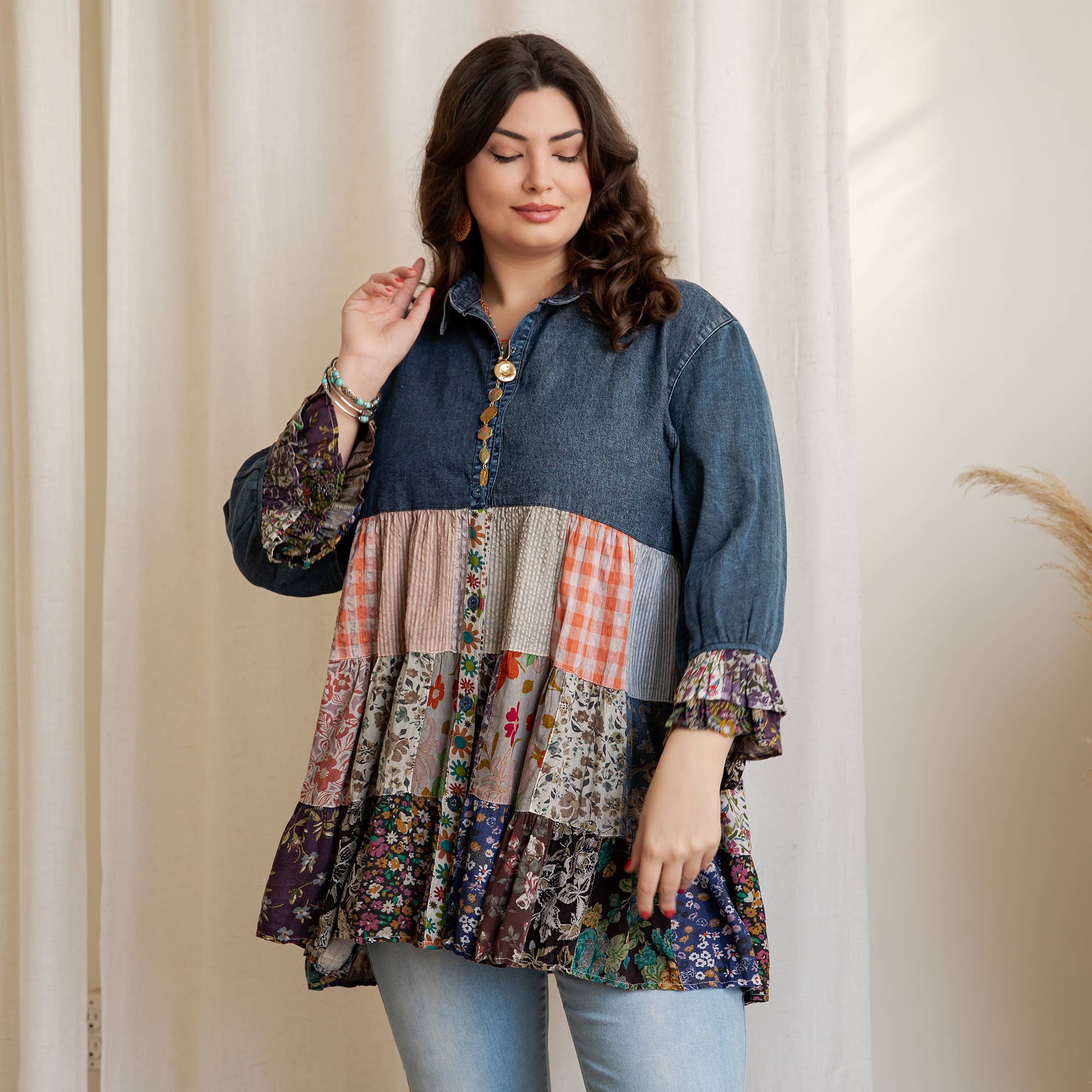 Young Threads - Wholesale Blouse - Women's - Western Denim Yoke Patchwork Tiered Tunic Top (New Color)1