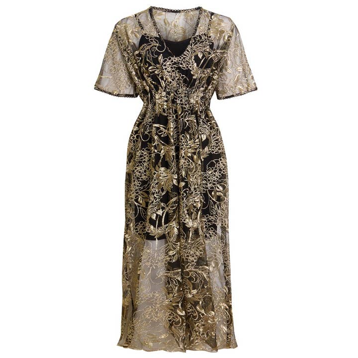 Agaat - Midi-jurk met gouden bloemen versierde fluttermouwen voor wholesale door SARVIN