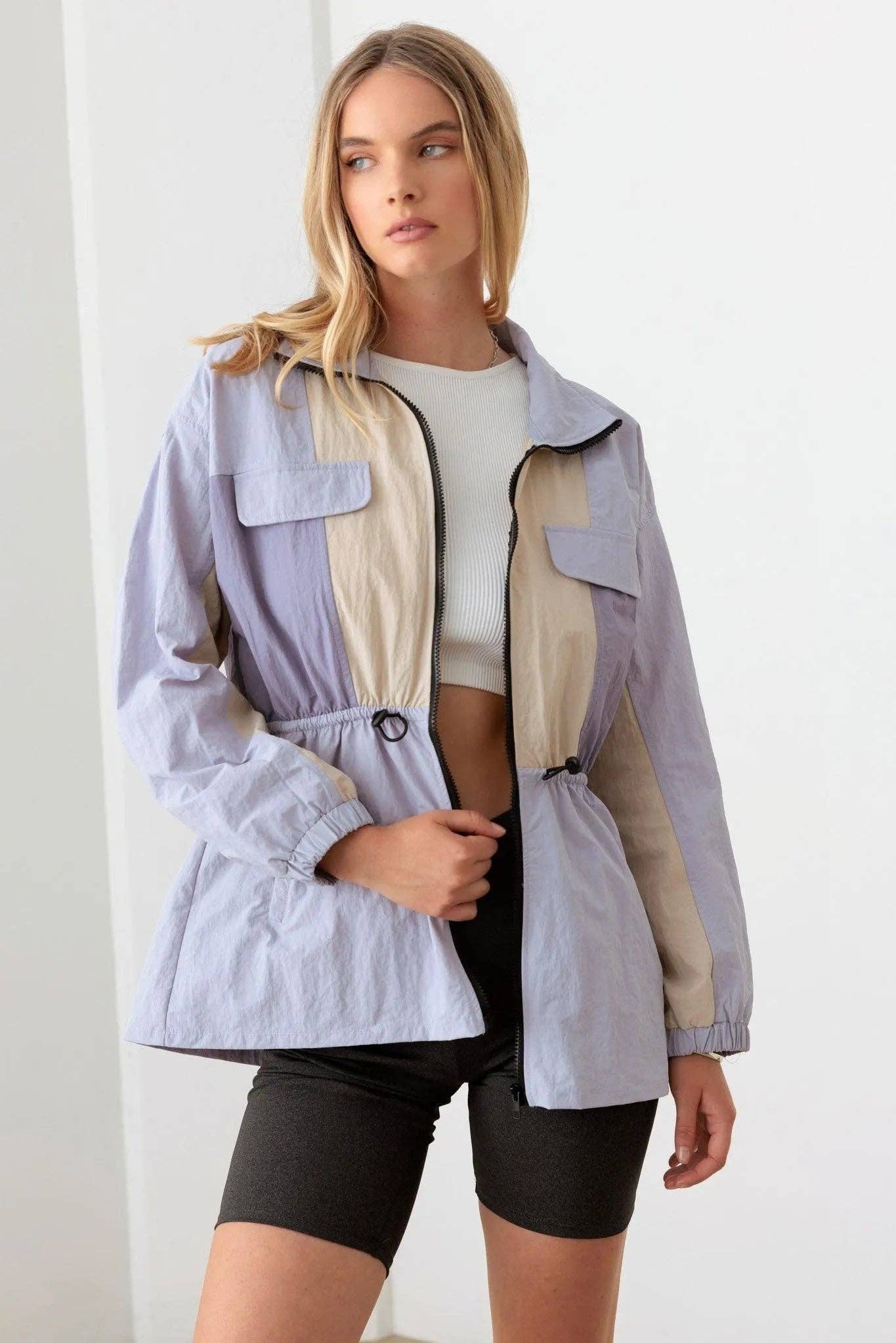 Lavender Color Block Collared Wind Breaker Jacket for wholesale on Faire0