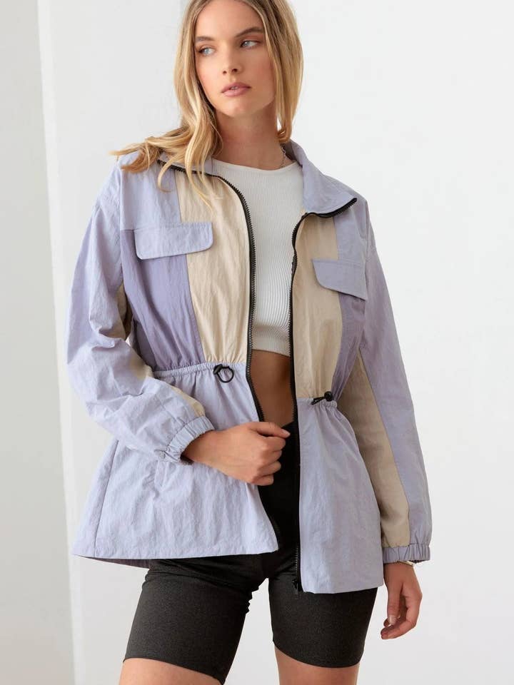 Lavender Color Block Collared Wind Breaker Jacket for wholesale on Faire
