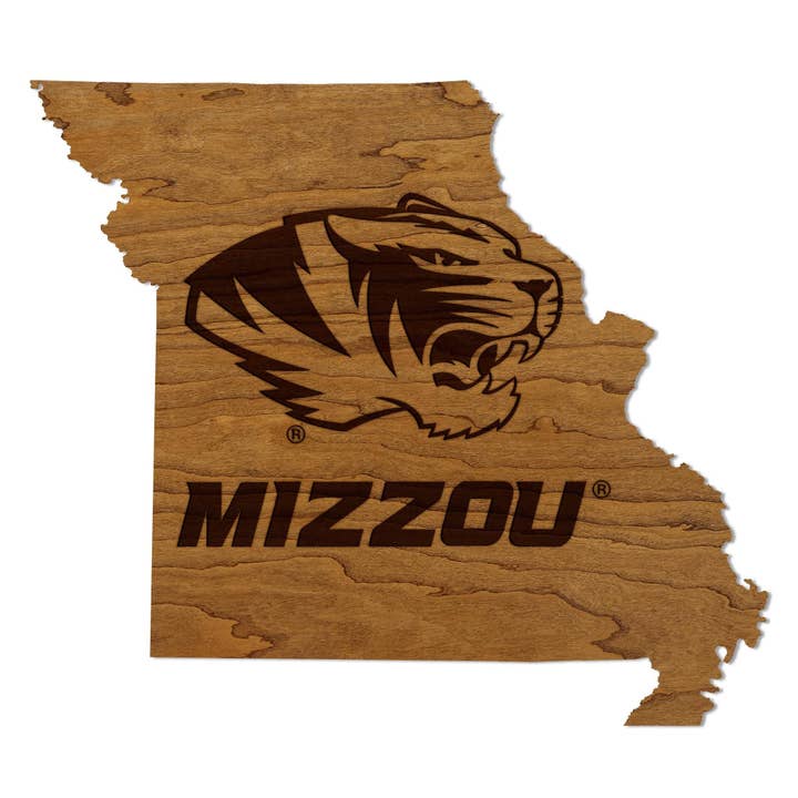University of Missouri Tiger Logo on State Wall Hanging – Crafted from Cherry and Maple Wood - Missouri Tigers for wholesale by LazerEdge