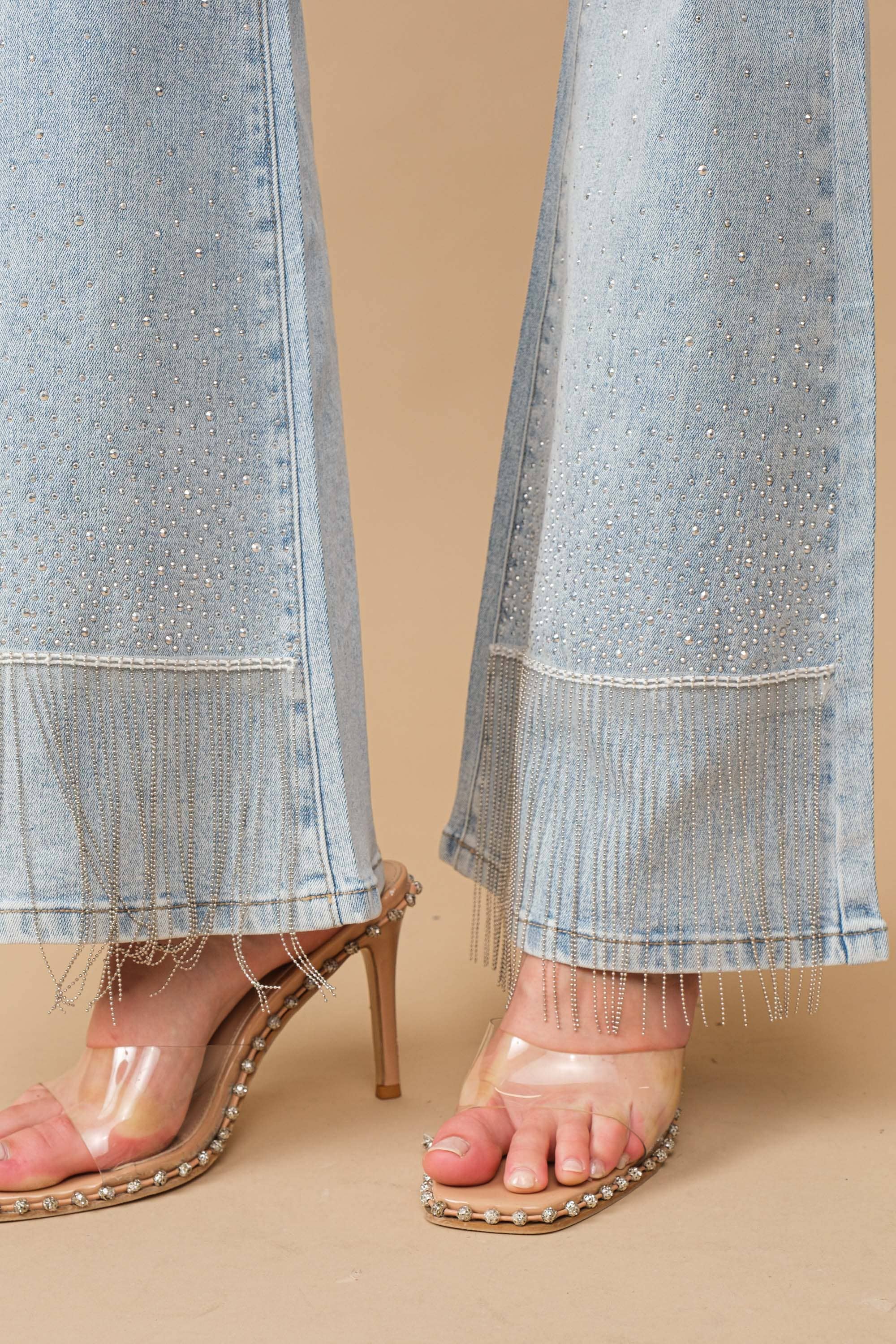 Blue B - Vente Jean – femme - Jean évasé en coton stretch avec strass cloutés et franges14