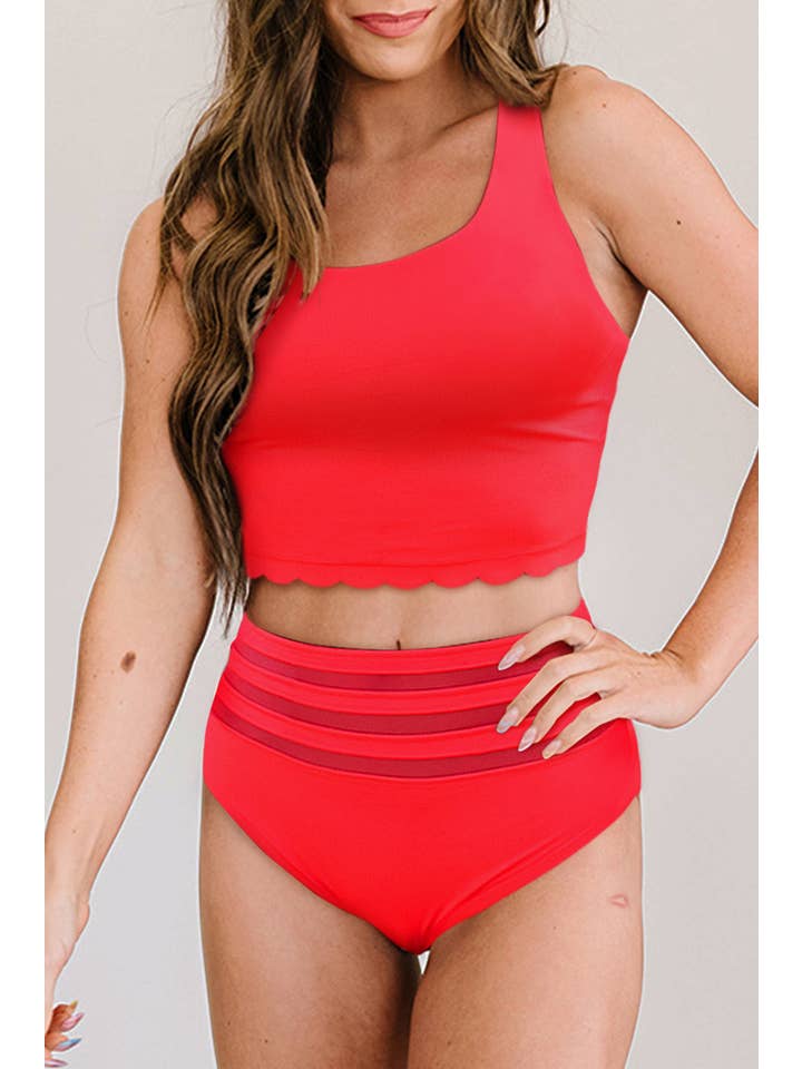 EG fashion - Wholesale Two Piece Swimsuit - Women's - Pink Scalloped Sleeveless High Waisted Two Piece Swimsuit22