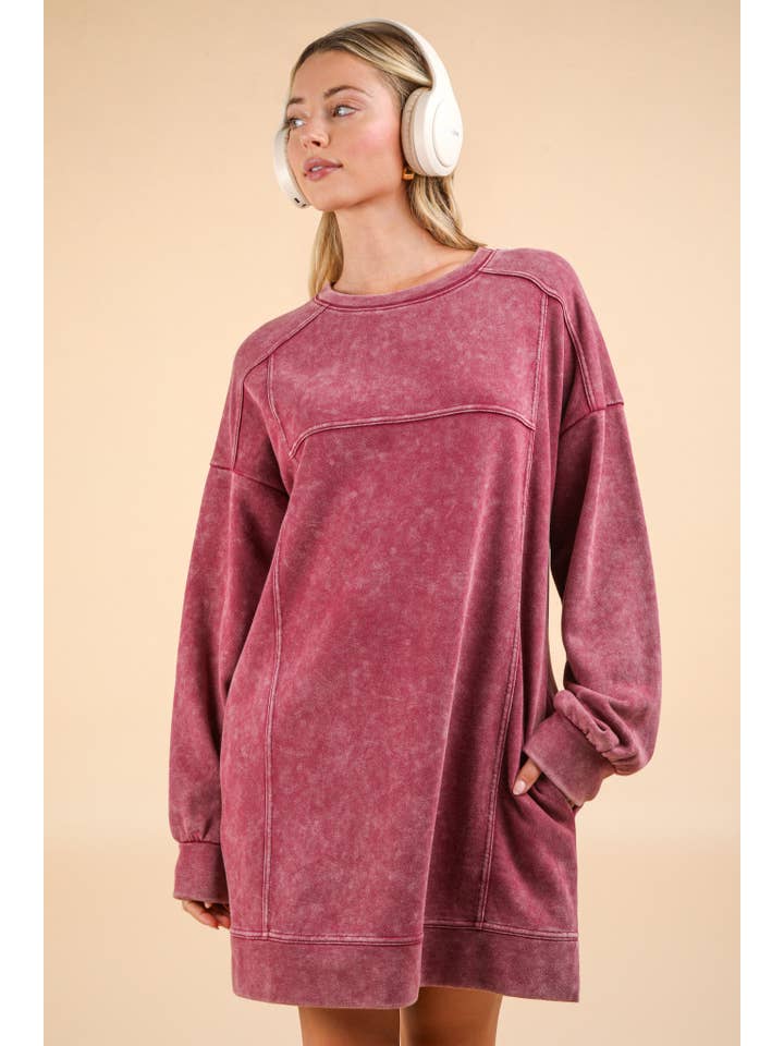 VERY J - Wholesale Dress - Women's - ND31375-Mineral Washed Oversized Knit Sweatshirt Mini Dress