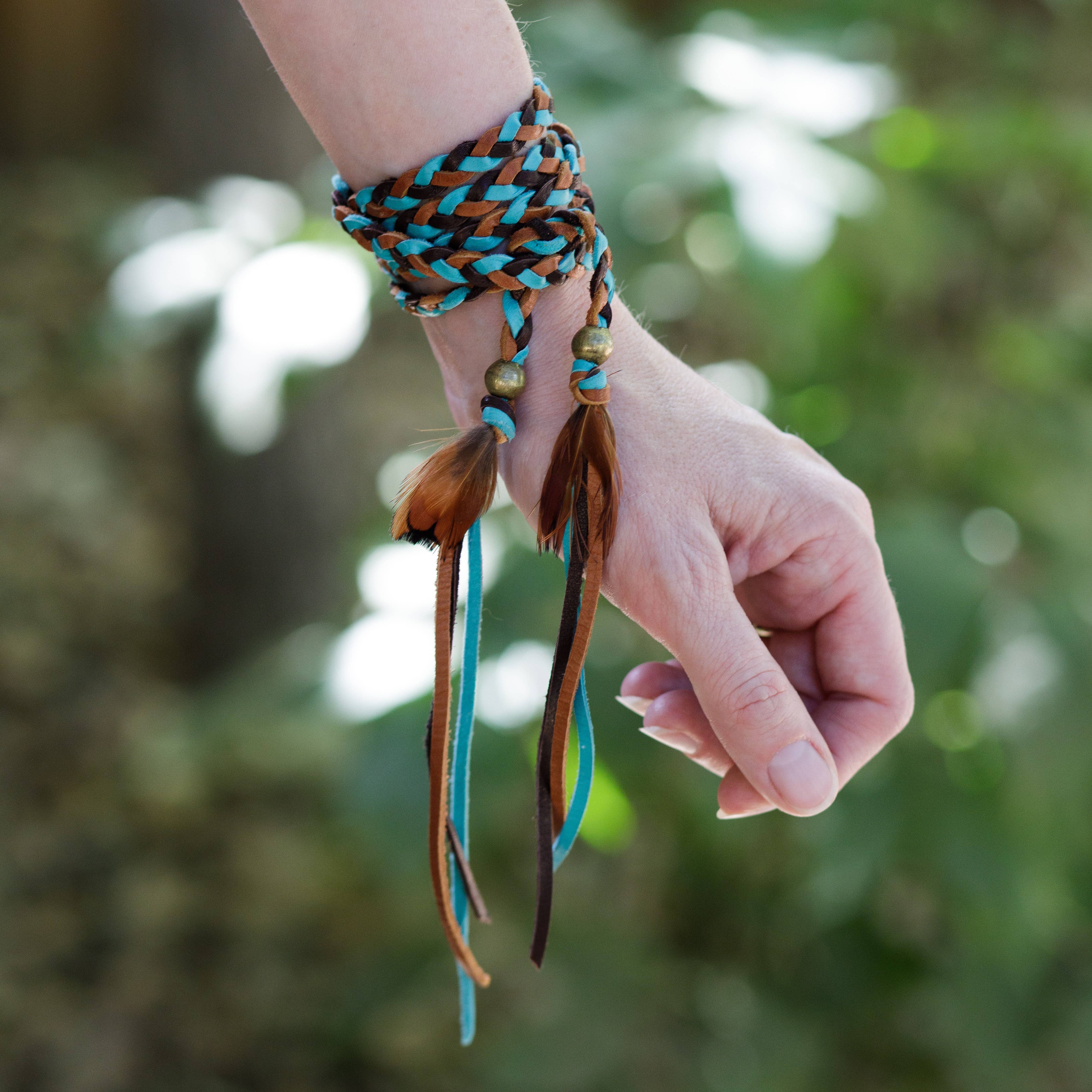 ASTALI - Venta al por mayor Accesorio para sombrero - Mujer - Accesorio de cuero trenzado - Turquesa óxido chocolate, cinta para sombrero4