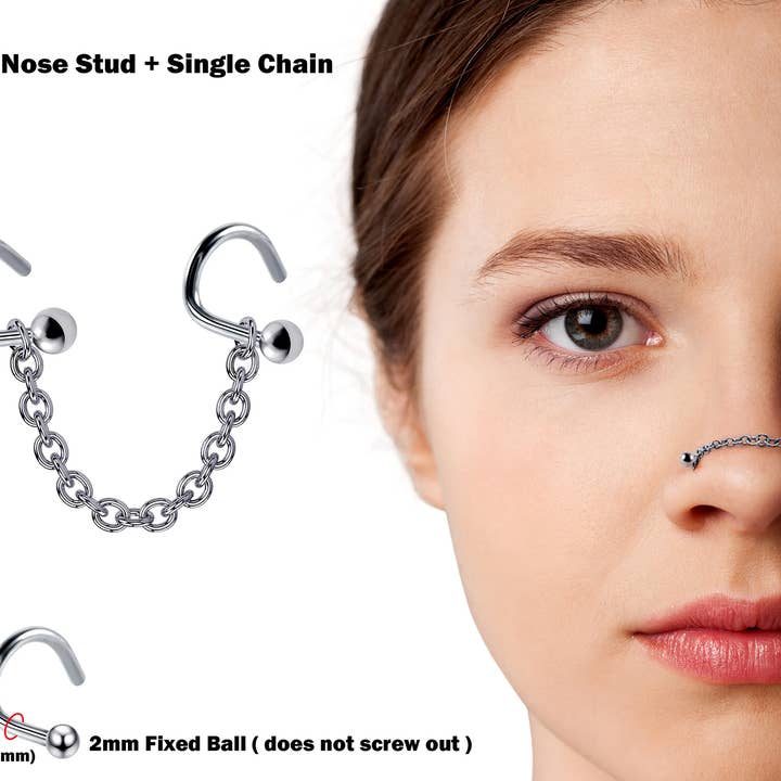 Bodytrend - Vendita all'ingrosso Piercing ad anello per naso - Piercing Nasallang 2 pz per Naso con Catena Singola - Acciaio Chirurgico 316L0