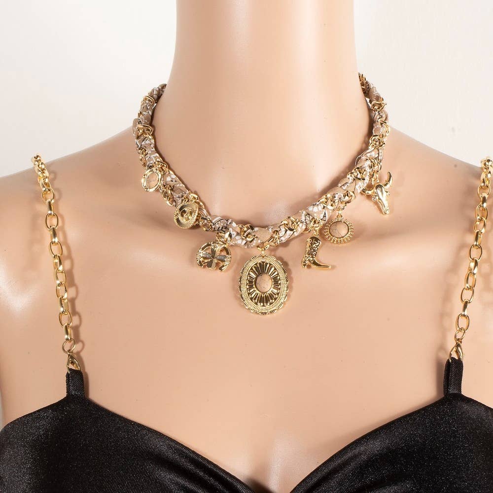 The Looks by Fame Accessories - Wholesale Pendant/Charm Necklace - Western Stone Set Concho Charms Paisley Bandana And Chain Braided Necklace3