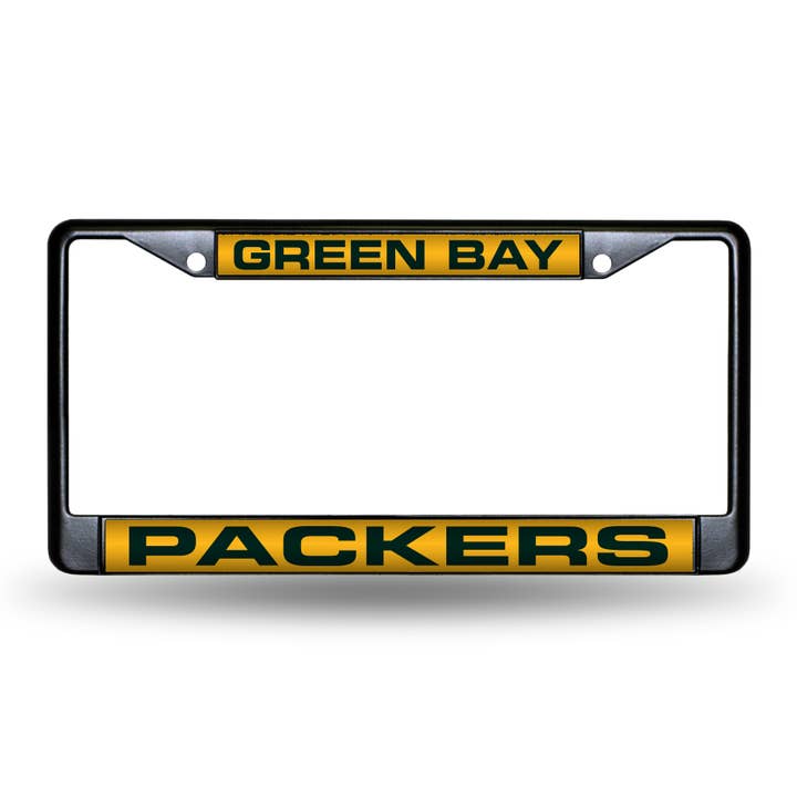 Green Bay Packers Black Black Laser Chrome Frame 12" x 6" for wholesale by Rico Industries