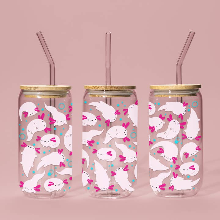Axolotl Party 16 oz Glass Can with Bamboo Lid & Glass Straw for wholesale by Las Changuis Tianguis