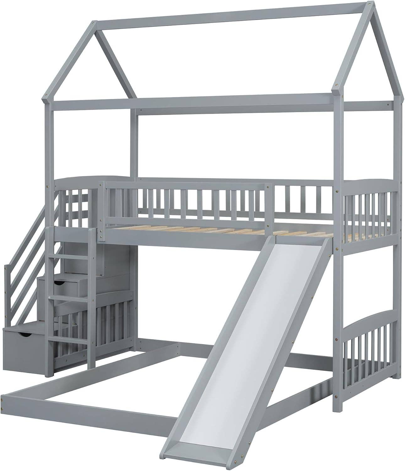 Grey Gray Twin Loft Bunk Bed With Slide And Stairs Storage for wholesale on Faire4