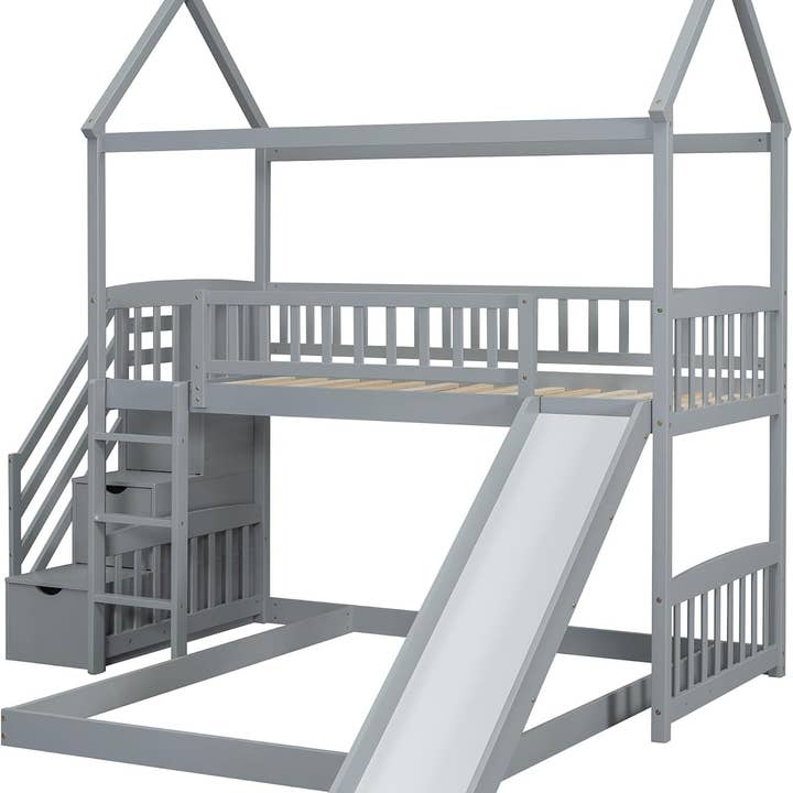 Grey Gray Twin Loft Bunk Bed With Slide And Stairs Storage for wholesale on Faire4