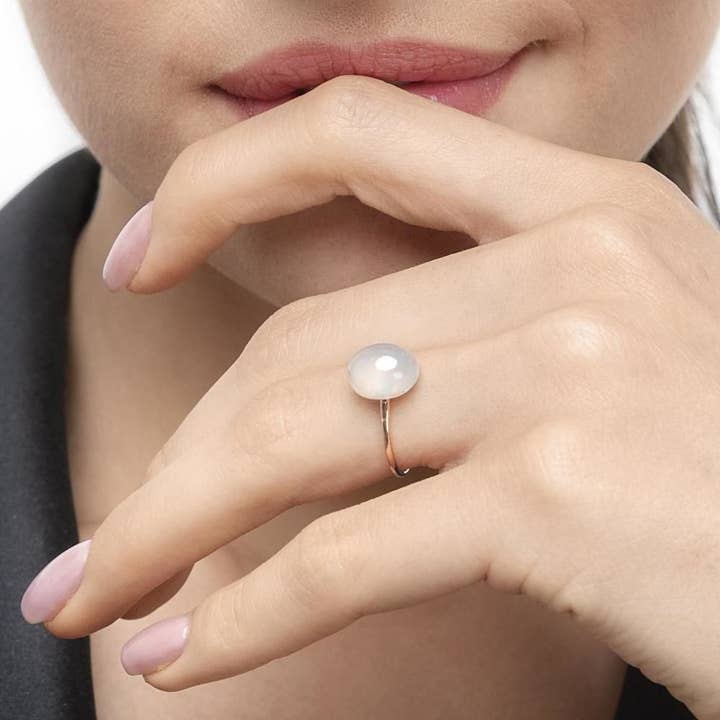 Cabochon II Ring, 14 K Rose Gold, Sea Blue Chalcedony for wholesale by Leaf Jewelry