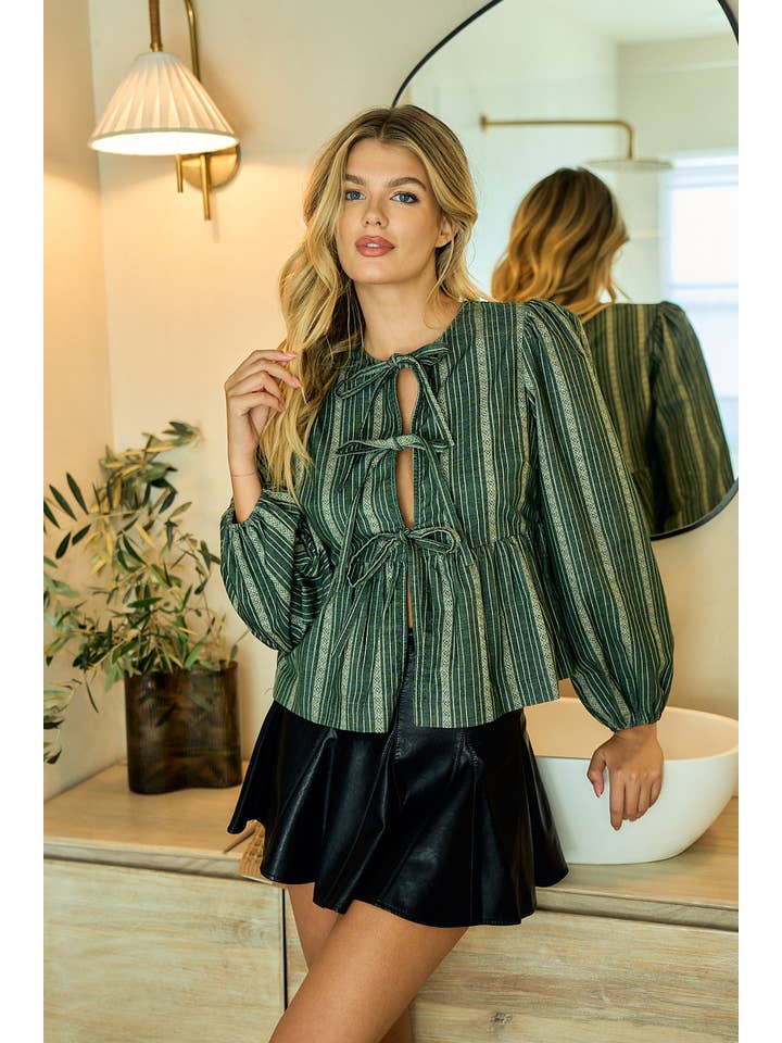 Doe and Rae - Wholesale Blouse - Women's - Corduroy Long Sleeve Bow Tie Front Peplum Blouse - 44762T-1