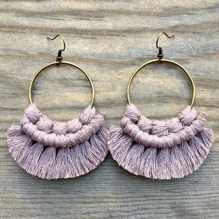 Large Round Fringe Earrings - Dusty Mauve & Bronze for wholesale by HK Macrame Jewelry