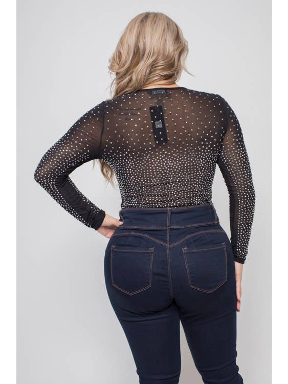 Curve Market - Wholesale Bodysuit - Women's - PLUS SIZE RHINESTONE STUDDED MESH BODYSUIT10