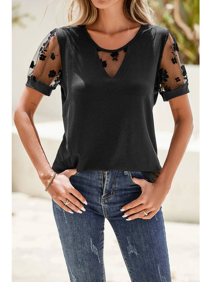 Black LDC Floral Lace Patchwork Crew Neck T Shirt for wholesale on Faire