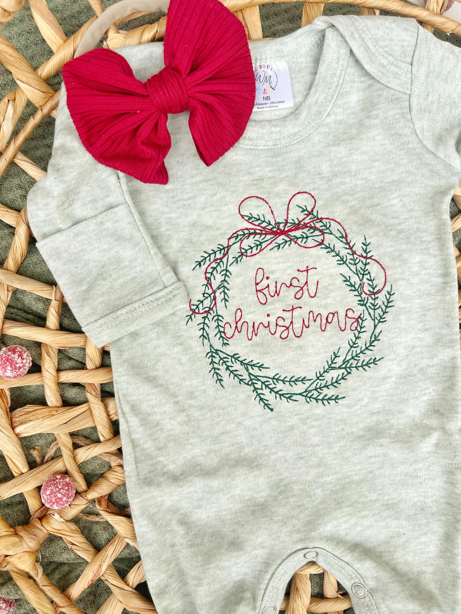 Wonderfully Made - Wholesale Jumpsuit - Baby - Baby Romper | Sage Green First Christmas Wreath Outfit1