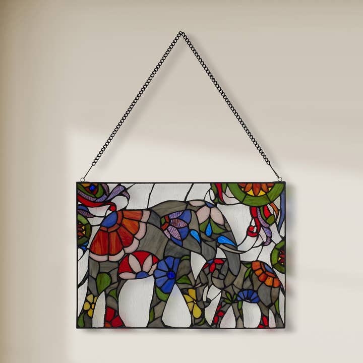 River of Goods - Wholesale Suncatcher - 20"W Mother and Baby Elephant Stained Glass Window Panel0