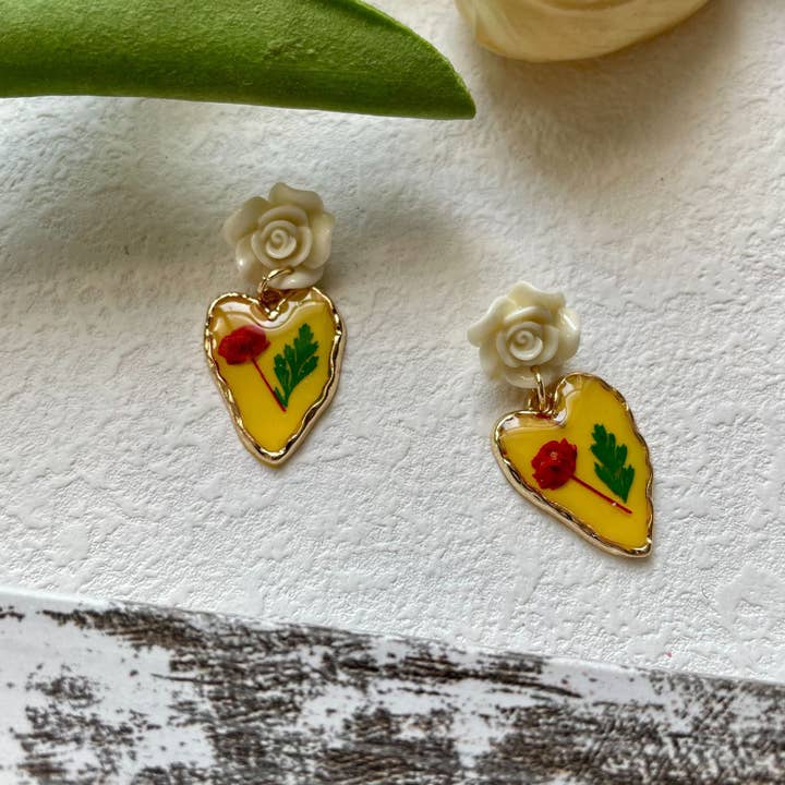 Funkyrel® Atzbranding Limited - Wholesale Dangle earrings - Vintage Yellow Rose & Heart Earrings1