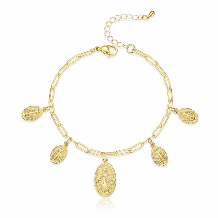 Armbånd med papirclipskæde og fem mirakuløse medaljer i forgyldt 7,5"+2" for engroshandel hos Guadalupe Gifts