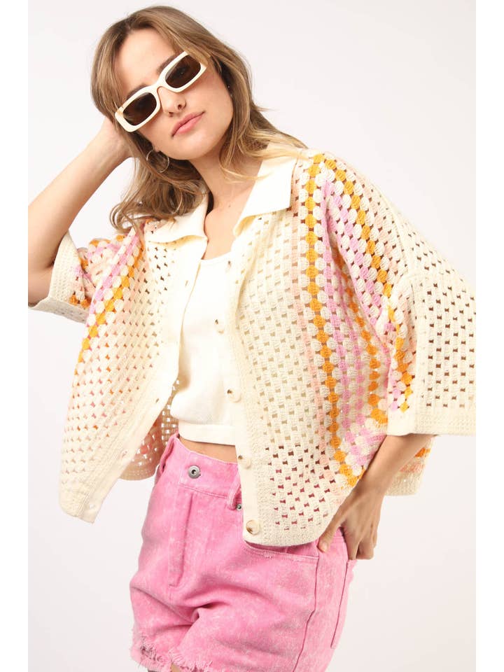 VERY J - Wholesale Knit Top - Women's - NT11636-Relaxed Fit Multi Color Crochet Knit Top