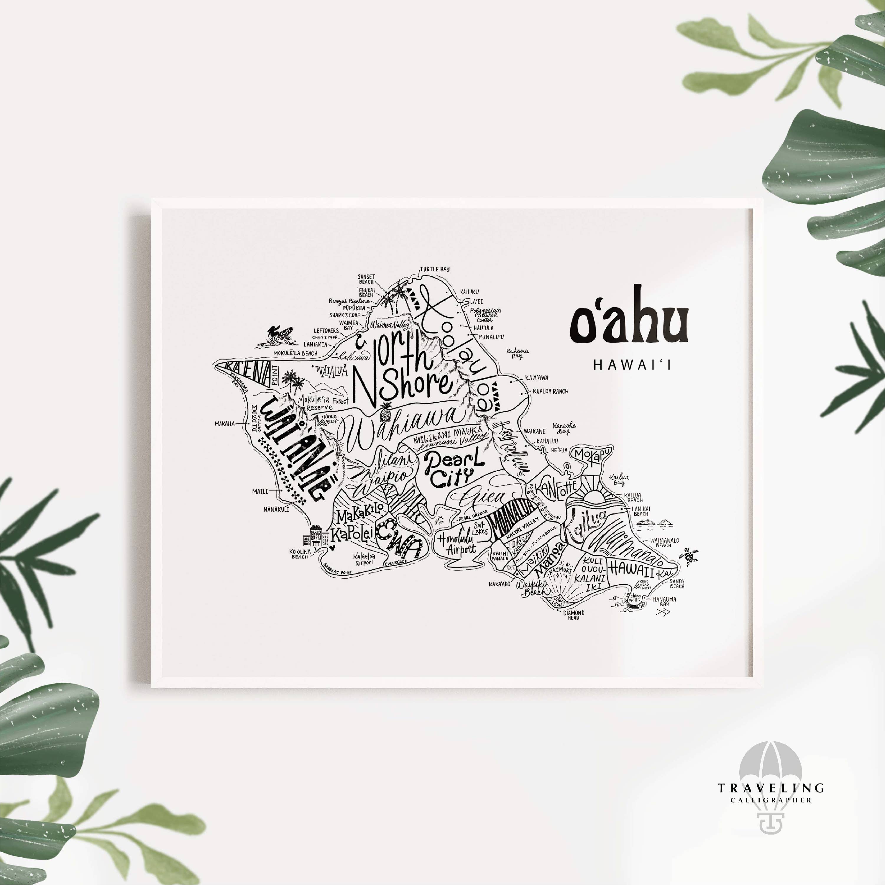 Traveling Calligrapher – Großhandel Kunstdruck – Karte der Nachbarschaft von Oahu Drucken2