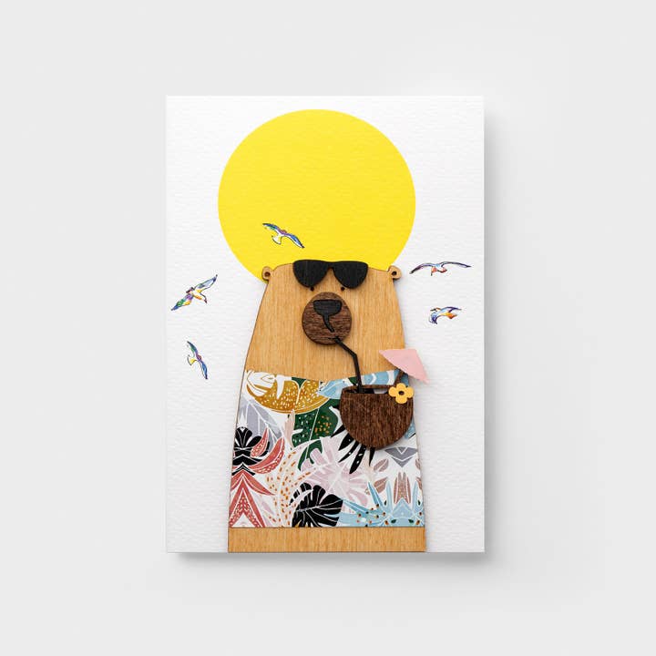 PESKOVOI - Wholesale Everyday Greeting Card - 3D Wooden Summer Bear Card – Tropical Theme Greeting1