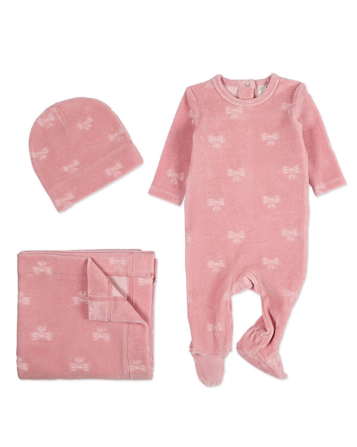 Pink Velvet Bow 3 Pc Footie Set for wholesale on Faire0