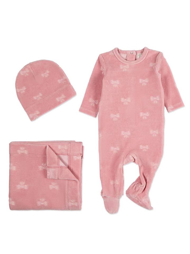 Pink Velvet Bow 3 Pc Footie Set for wholesale on Faire